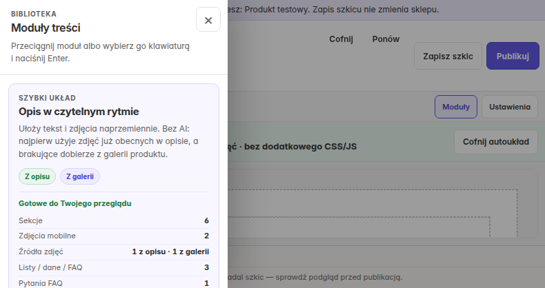 Raport GrowContent po automatycznym ułożeniu przykładowego opisu produktu